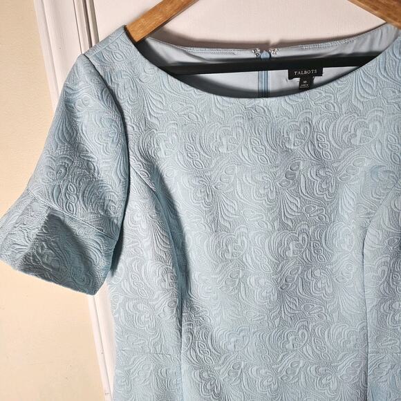 Talbots Light Blue Jacquard Brocade Midi Dress Sz 10 Ruffle Sleeve Jackie-O Tea - Picture 2 of 6